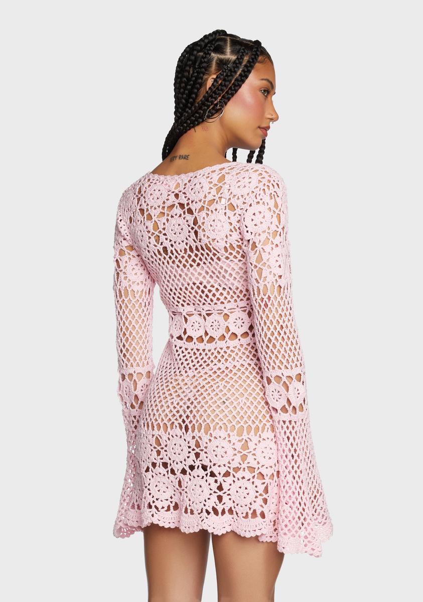 Crop Top Festival Outfits Pretty Little Thing Kyla Floral Crochet Mini Dress  Pink MESHKI US