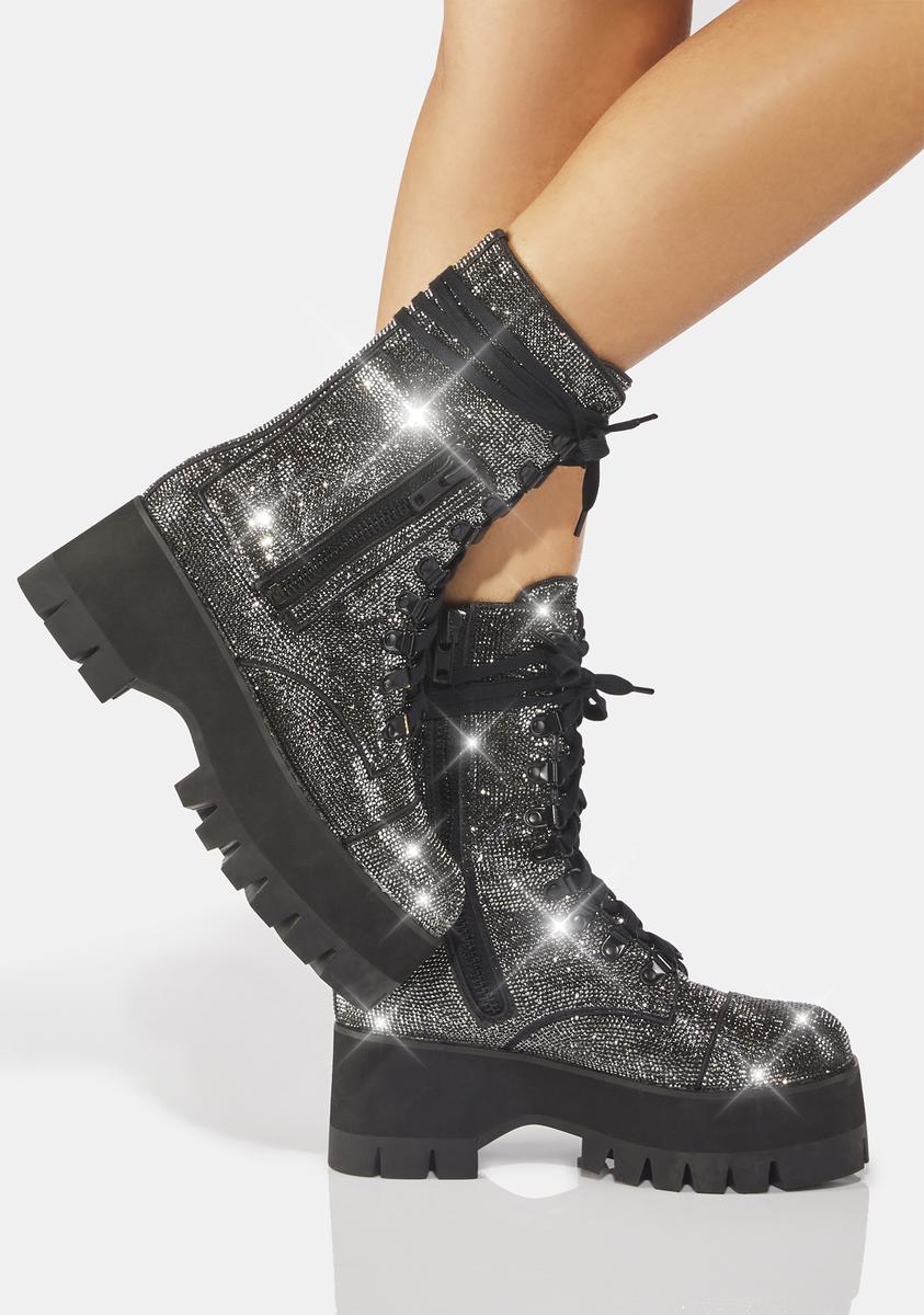 Poster Grl Rhinestone Combat Boots Gunmetal/Black Dolls Kill