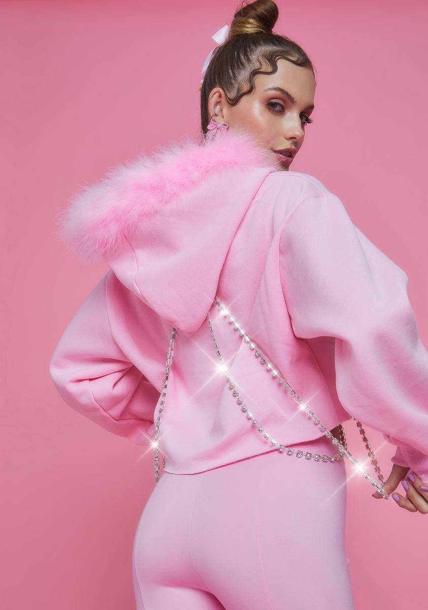 Sugar Thrillz Marabou Rhinestone Chain Hoodie - Baby Pink