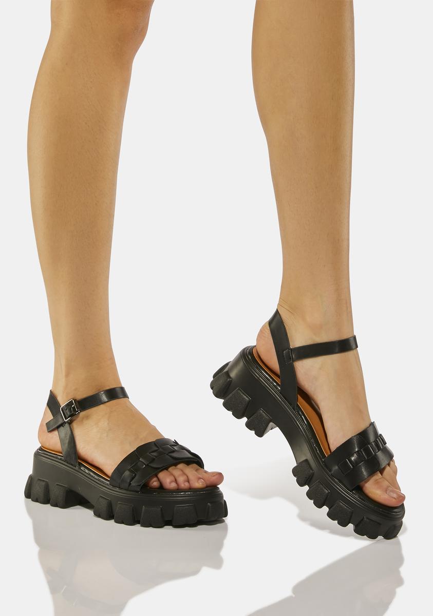 Vegan Leather Strappy Treaded Platform Sandals - Black – Dolls Kill