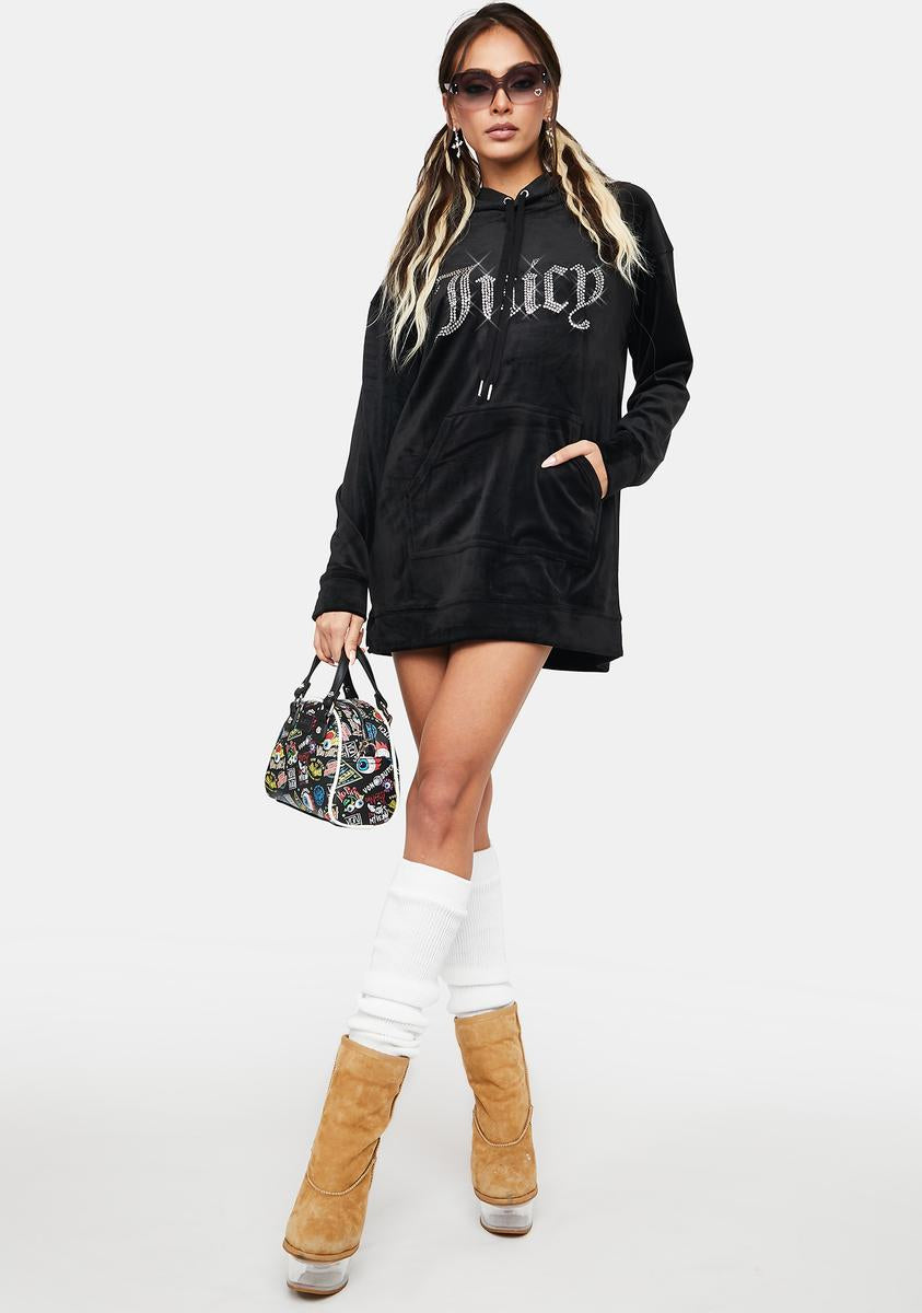 Juicy Couture Rhinestone Logo Velour Hoodie Dress Black Dolls Kill