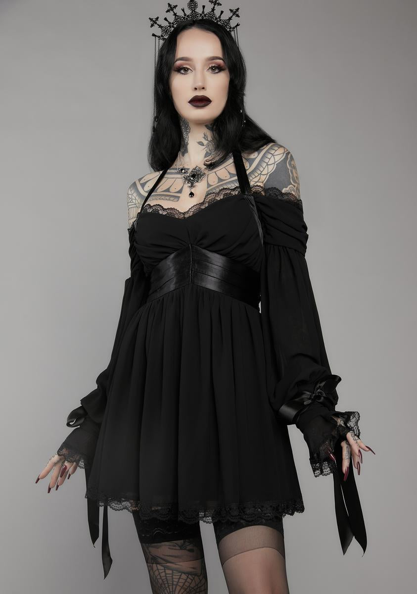 Unholy Chiffon Satin Lace Mini Halter Dress - Black – Dolls Kill