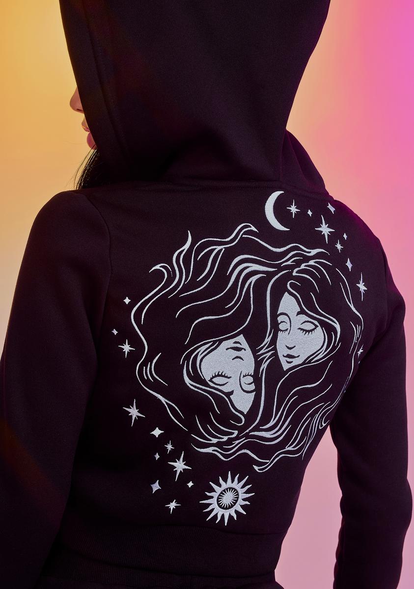 Horoscopez Gemini Cropped Zip Up Hoodie - Black – Dolls Kill