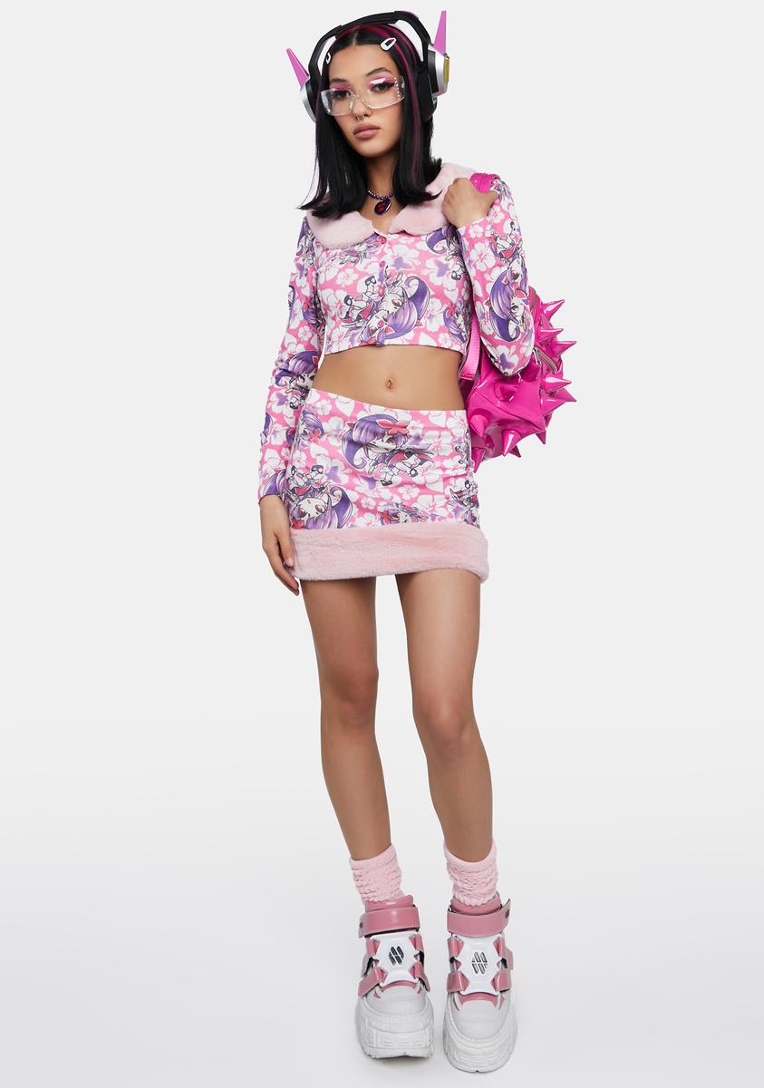 NGOrder Faux Fur Trim Ribbed Floral Anime Mini Skirt Pink Dolls Kill