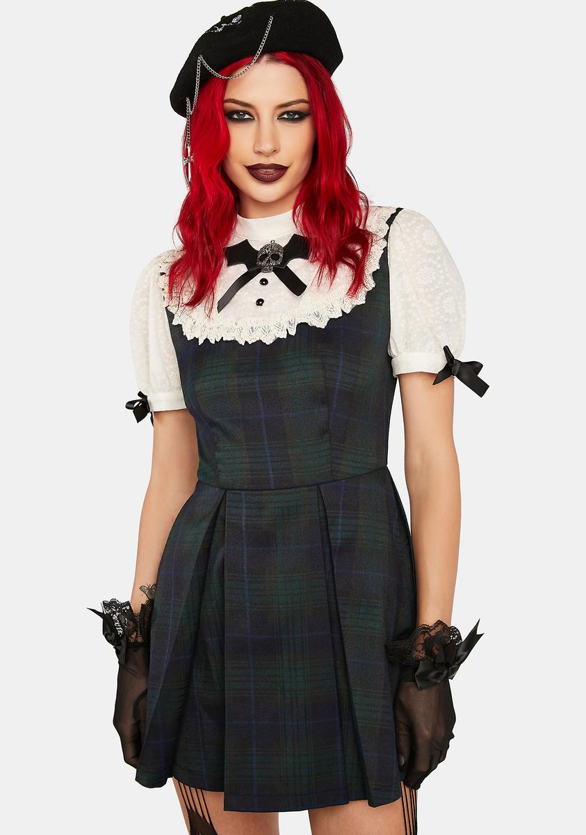 Skull Puff Sleeve Plaid Mini Dress Dark In Love,Specials : American Fashion Style Bags On Sale