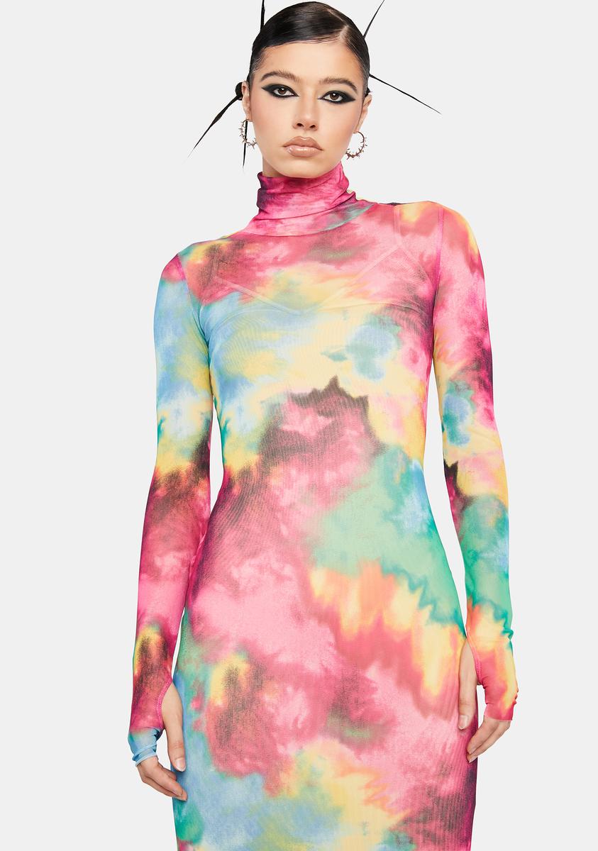 Afrm Mesh Tie Dye Turtleneck Midi Dress
