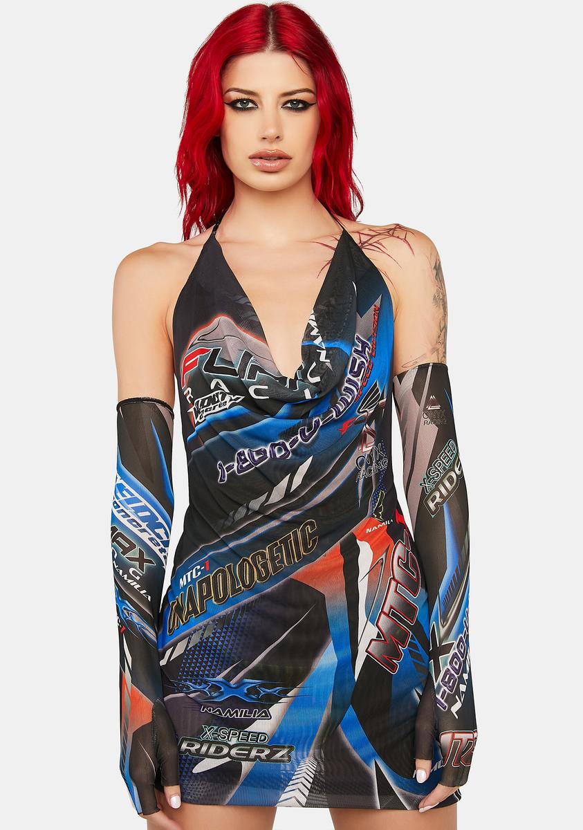 Blue Racing Mesh Drape Dress Namilia,All Products : American Fashion Style Bags On Sale