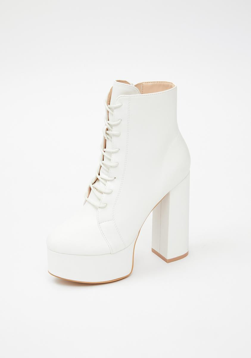 Platform Heeled Ankle Boots - Faux Leather Lace Up White – Dolls Kill