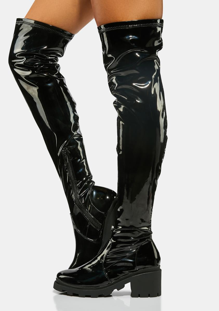 Vegan Patent Leather Thigh High Boots - Black | US 5 1/2