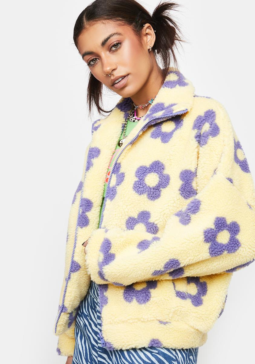 Pretty Garbage Floral Teddy Sherpa Jacket - Yellow Purple