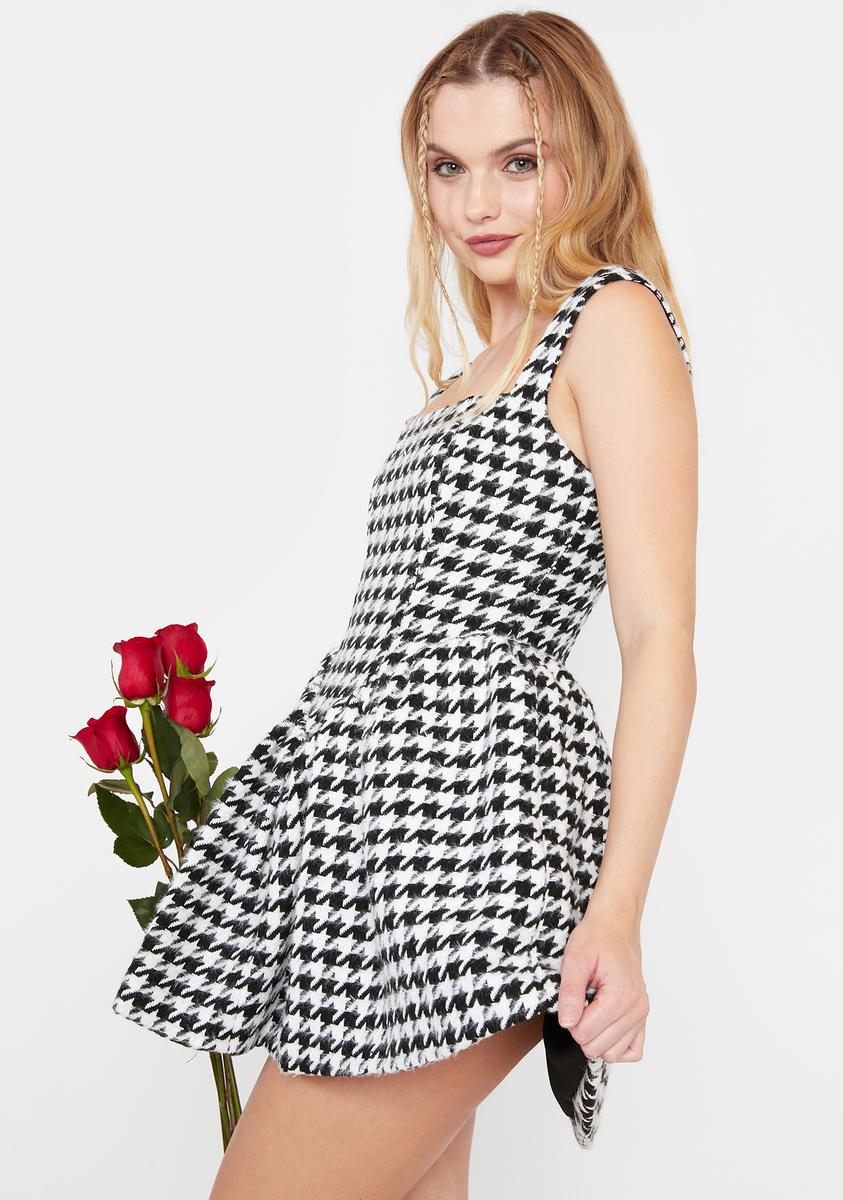 black dress caption Unique Vintage Black & White Houndstooth Vivian Swing Skirt