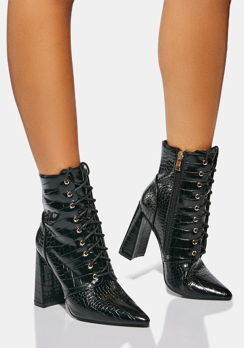 Crocodile Pattern Pointed Ankle Boots - Black – Dolls Kill
