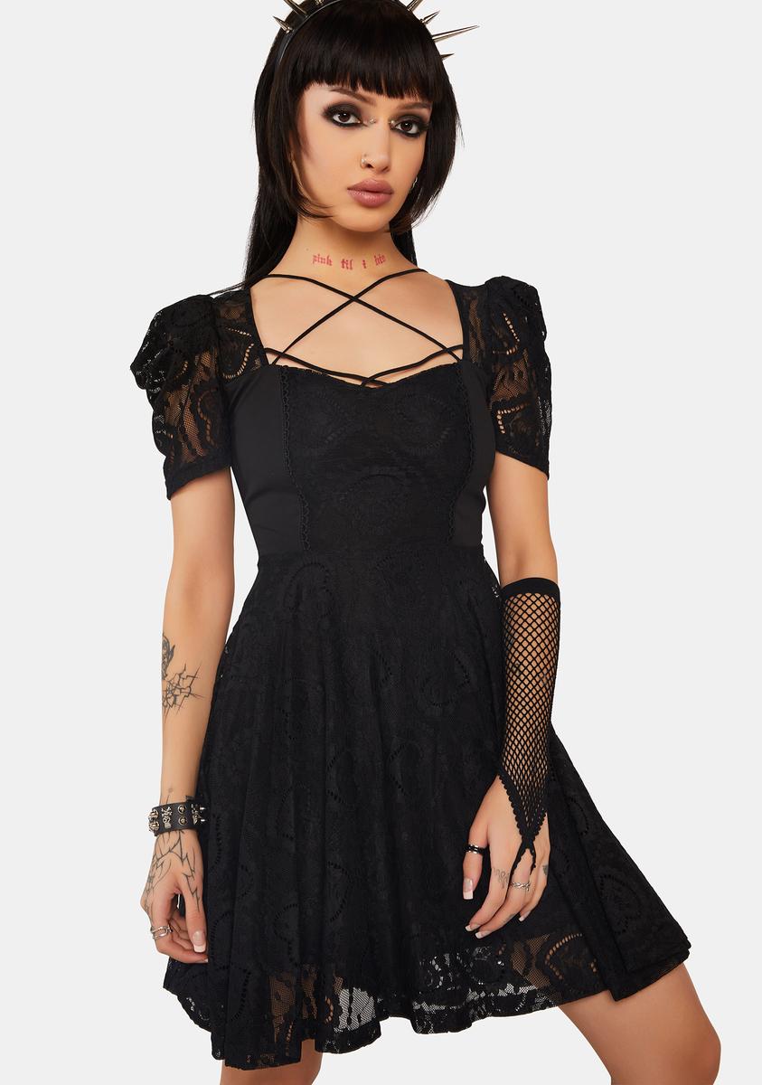 Punk Rave Lace Mini Dress With Puffy Sleeves