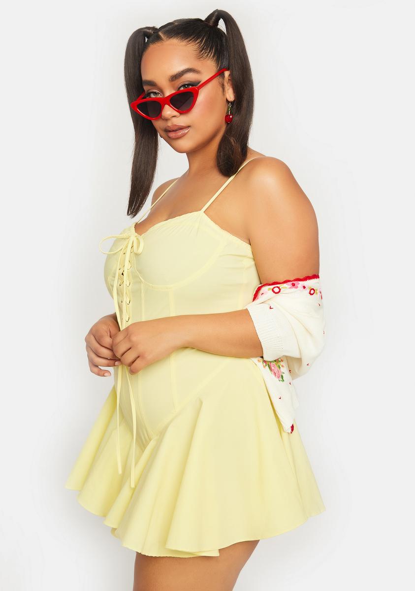 Plus Size Lace Up Fit Flare Ruffle Mini Dress - Yellow Dolls Kill Plus Size Lace Up Fit Flare Ruffle Mini Dress - Yellow Dolls Kill