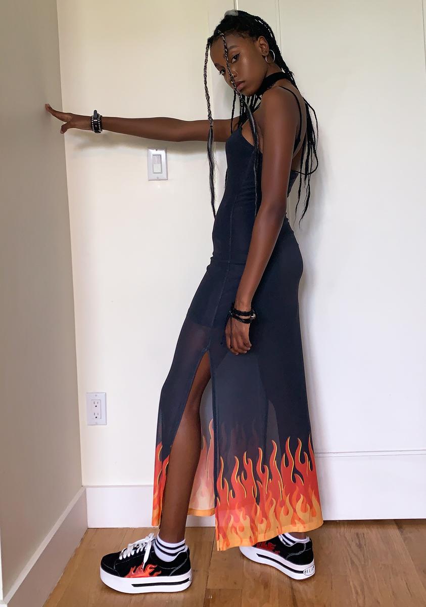 Delia's Fire Print Mesh Maxi Dress - Black Flame Dolls Kill Delia's Fire Print Mesh Maxi Dress - Black Flame Dolls Kill