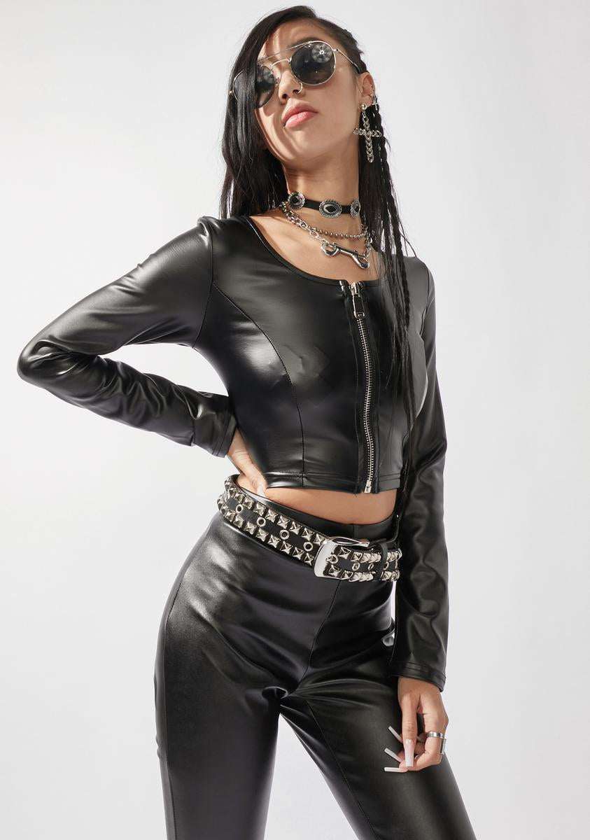 Black Faux Leather Long Sleeve Zip Front Shirt