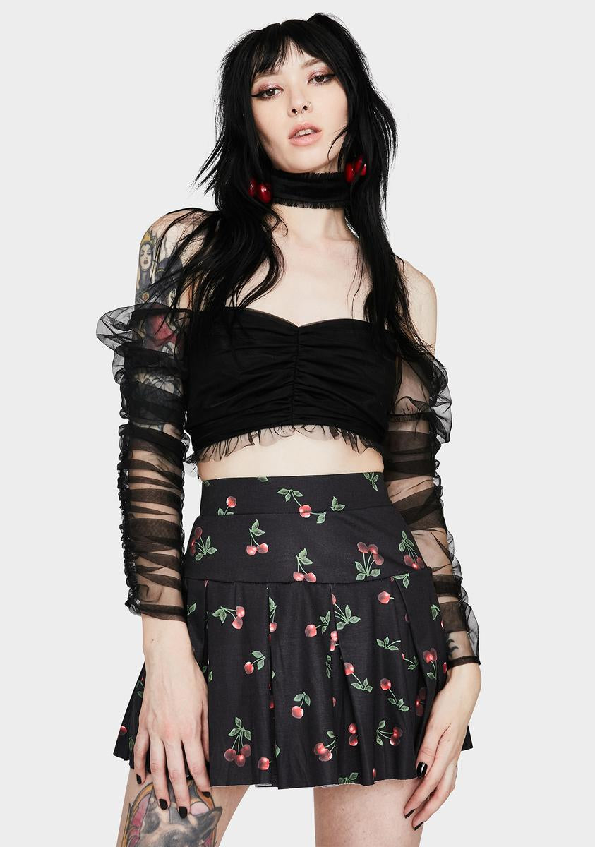Cherry Print Pleated Skirt - Black – Dolls Kill