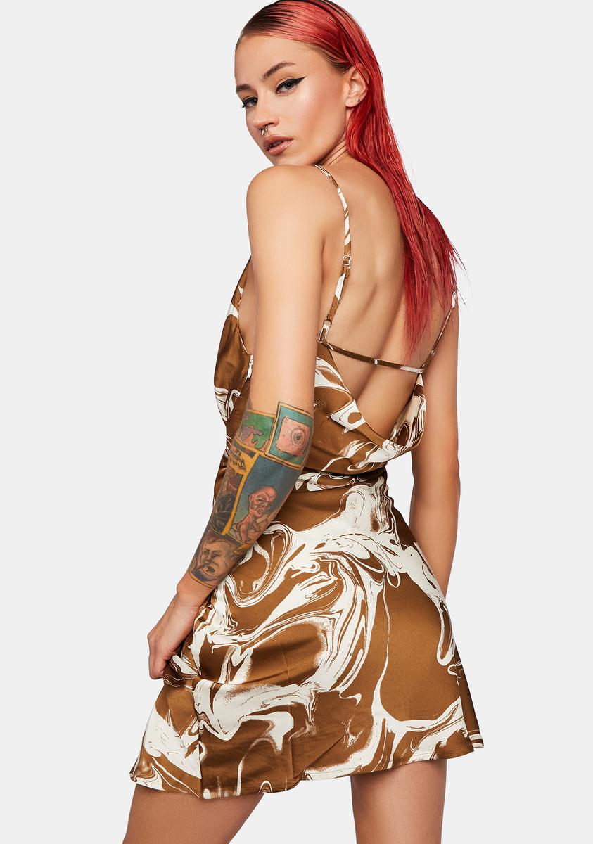 Pretty Garbage Satin Cowl Neck Mini Dress Swirl Print - Brown Dolls Kill Pretty Garbage Satin Cowl Neck Mini Dress Swirl Print - Brown Dolls Kill