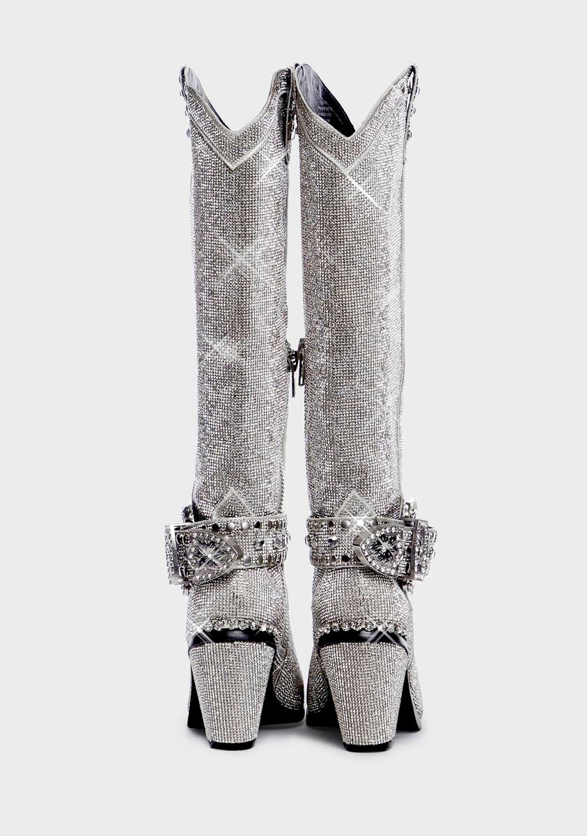Club Exx Rhinestone Knee High Cowboy Boots - Silver – Dolls Kill