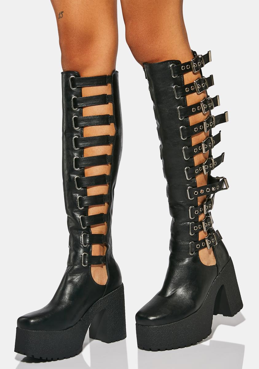 Lamoda Vegan Leather Buckle Knee High Platform Boots – Dolls Kill