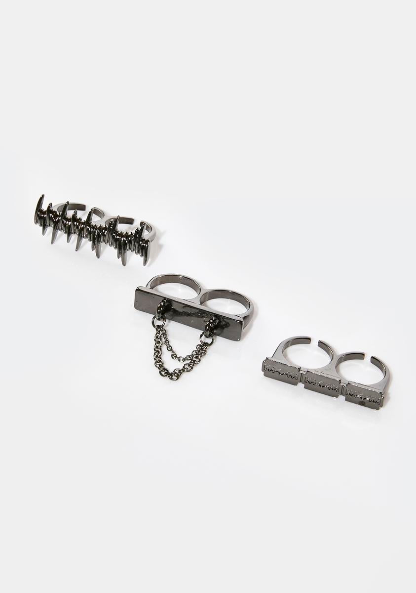Barbed Wire Razor Blade Three Pack Double Finger Ring Set - Silver ...