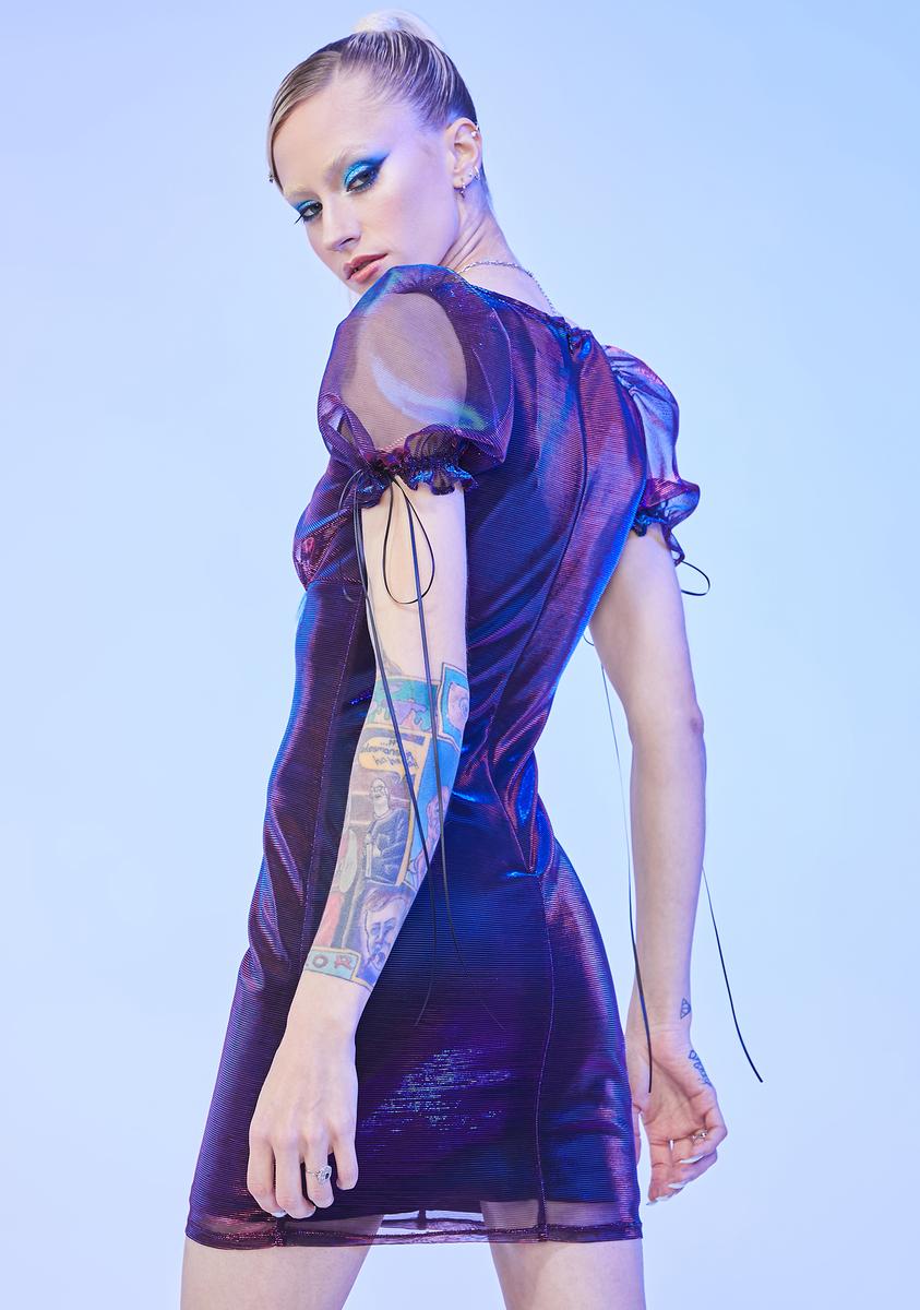 Horoscopez Aquarius Glitter Puff Sleeve Mini Dress Purple