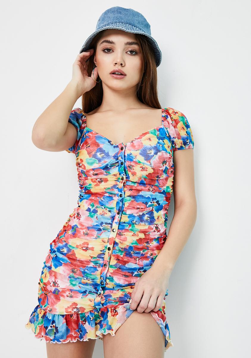 Current Mood Floral Watercolor Ruched Button Front Mini Dress – Dolls Kill