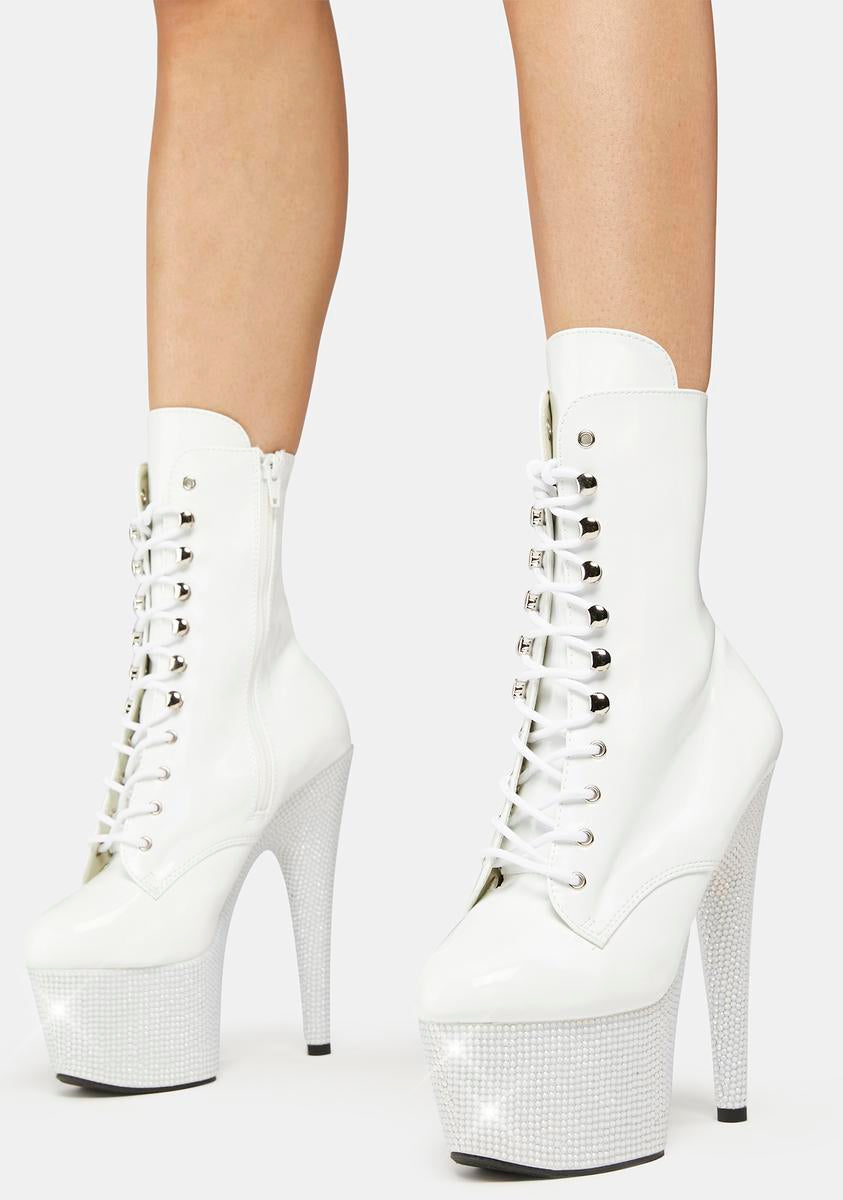 Pleaser Rhinestone Heeled Platform Stiletto Boots White – Dolls Kill
