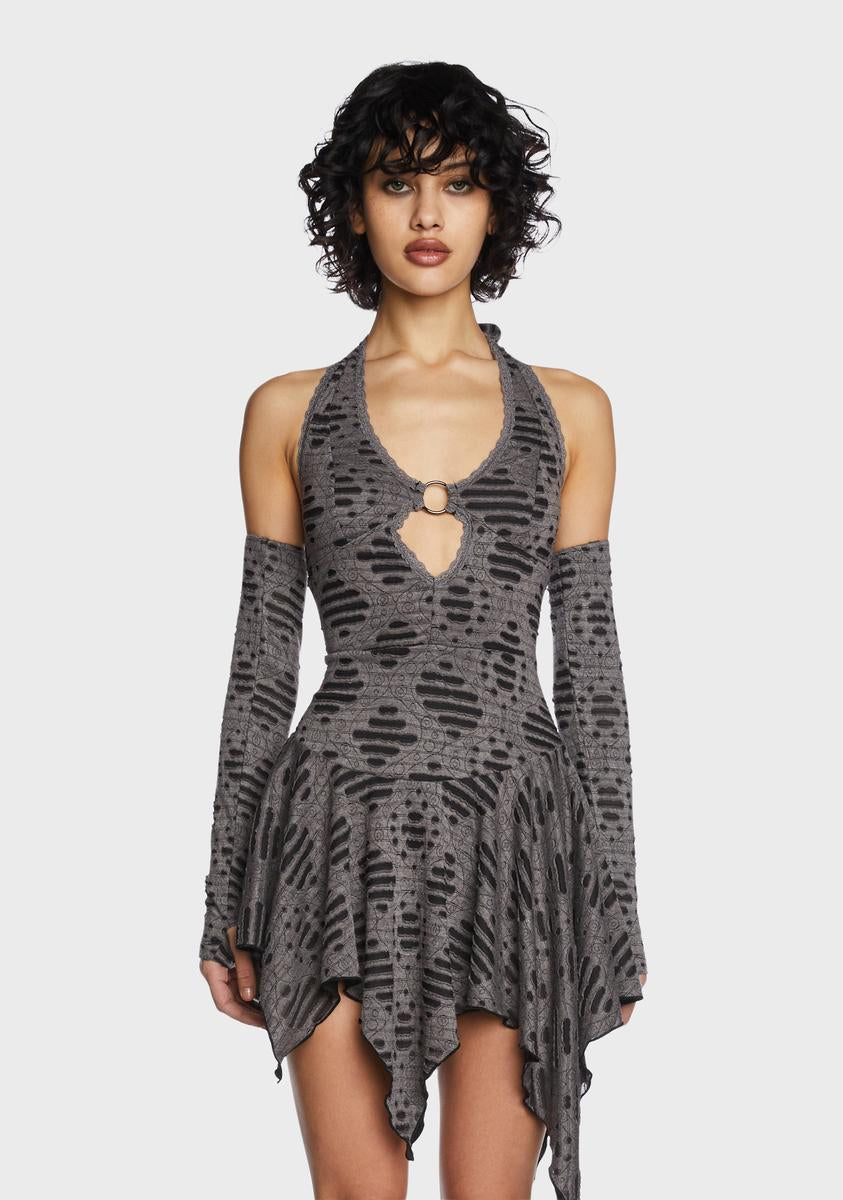 Current Mood Distressed Halter Dress W/ Gloves - Gray/Black – Dolls Kill