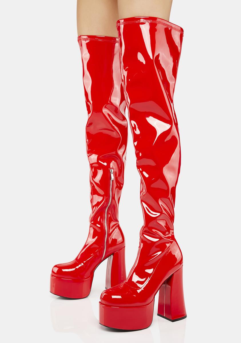 Trickz N' Treatz PVC Thigh-High Platform Boots - Red – Dolls Kill