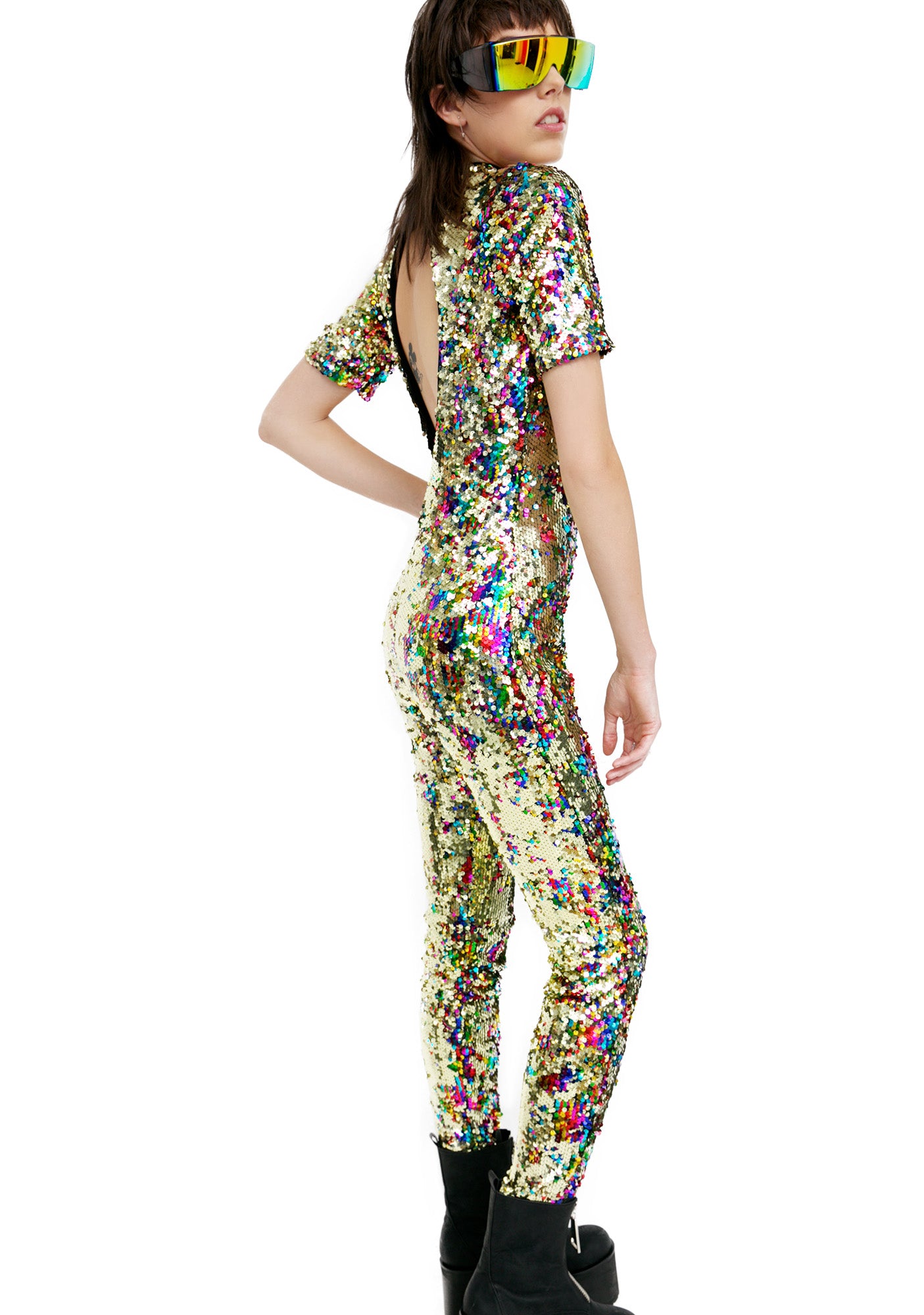 70s Holographic Silver Costume for Women | Womens 70s Jumpsuit Costume