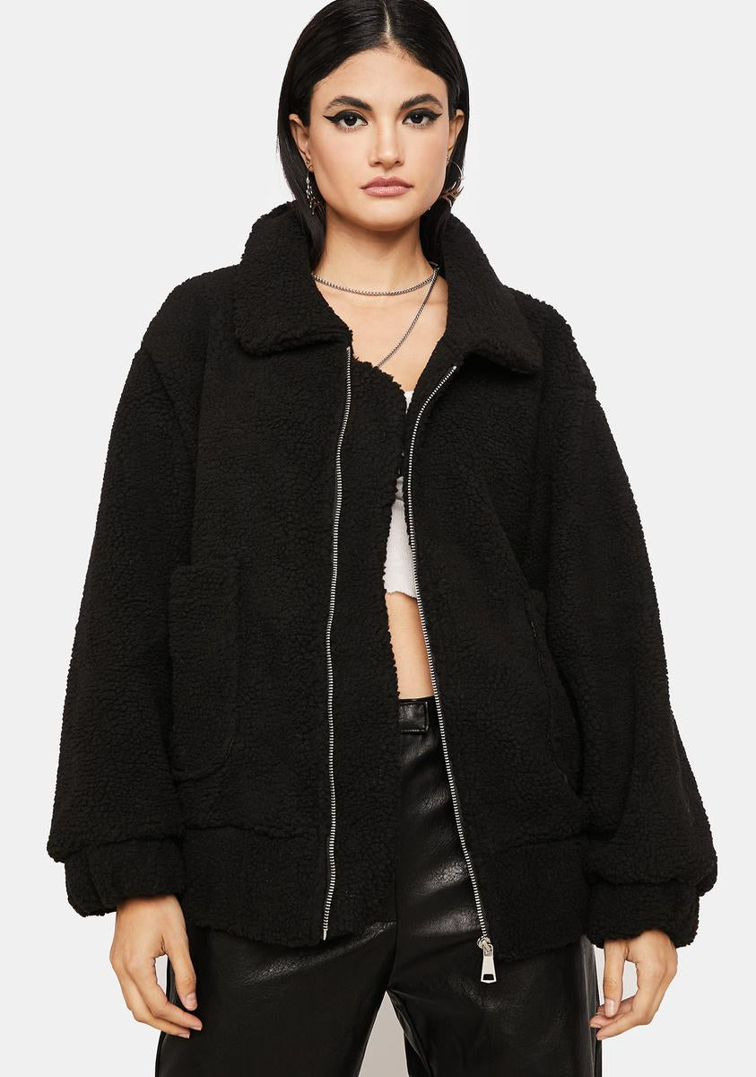 Faux Fur Collared Zip Front Jacket Black – Dolls Kill