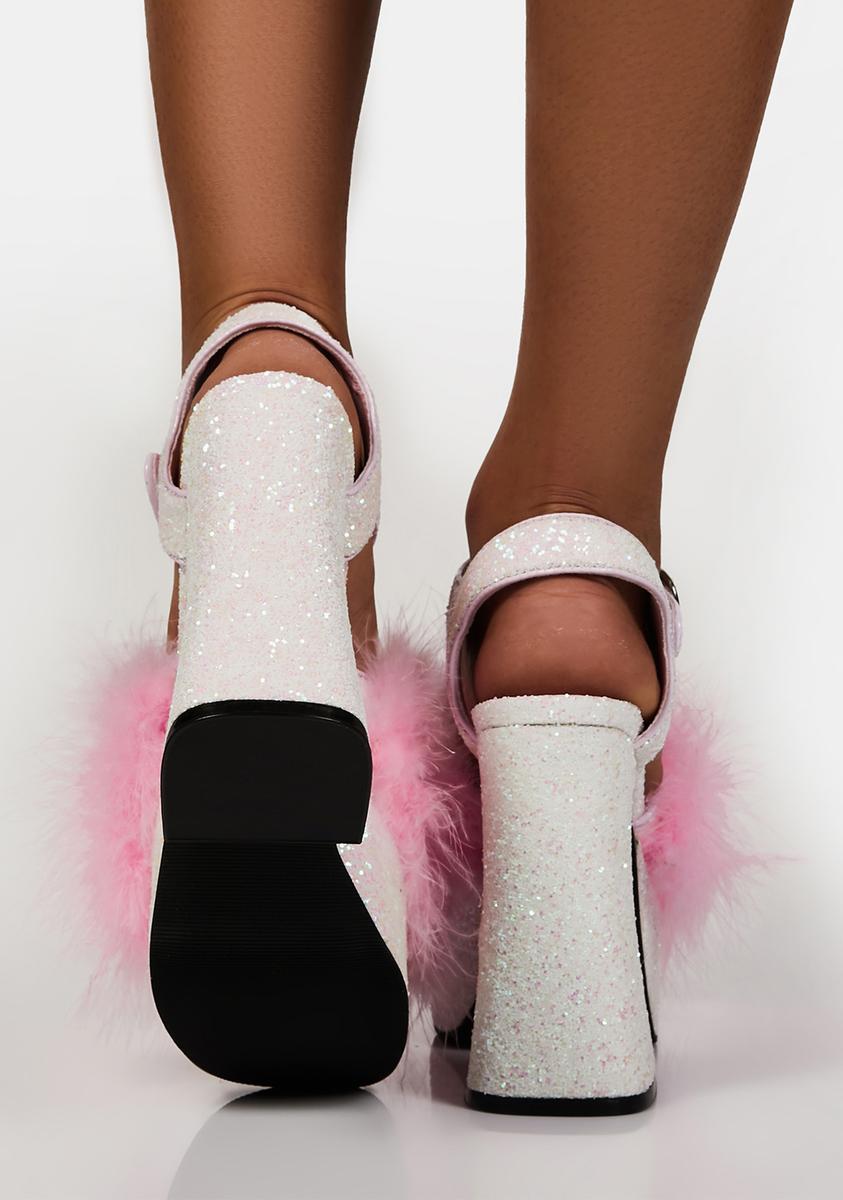 Sugar Thrillz Marabou Trim Glitter Platform Heels - Pink