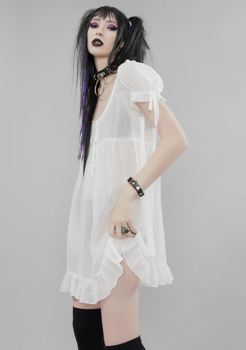 Widow Semi Sheer Chiffon Babydoll Dress - White Dolls Kill Widow Semi Sheer Chiffon Babydoll Dress - White Dolls Kill