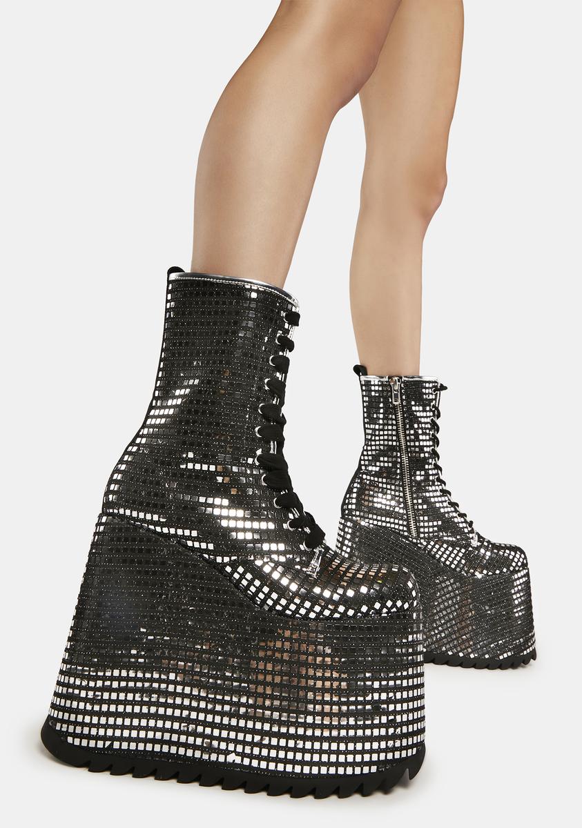 Club Exx Mirror Sequin Platform Boots - Silver – Dolls Kill
