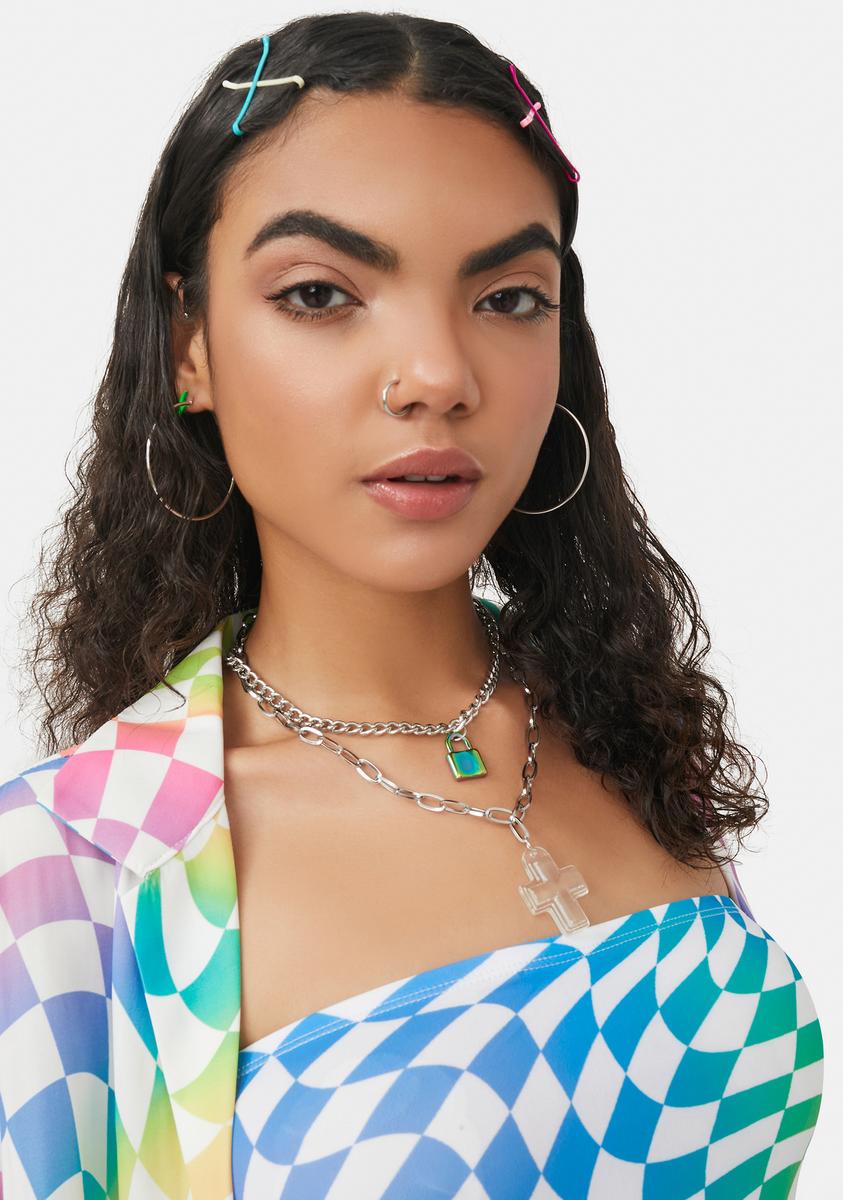 Layered Chain Necklace With Iridescent Lock And Clear Cross Charms ...