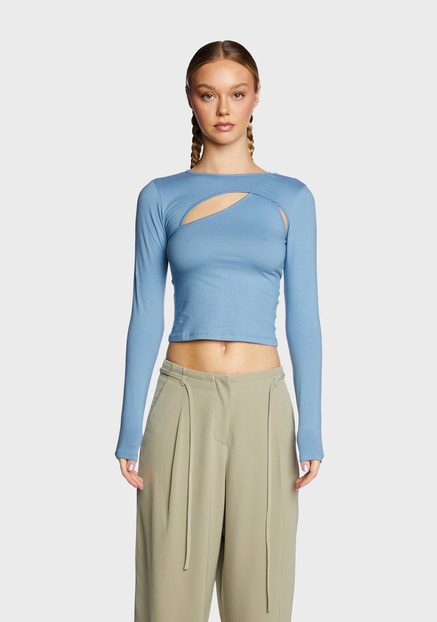 Motel Cutout Asymmetric Crop Tee - Faded Denim – Dolls Kill