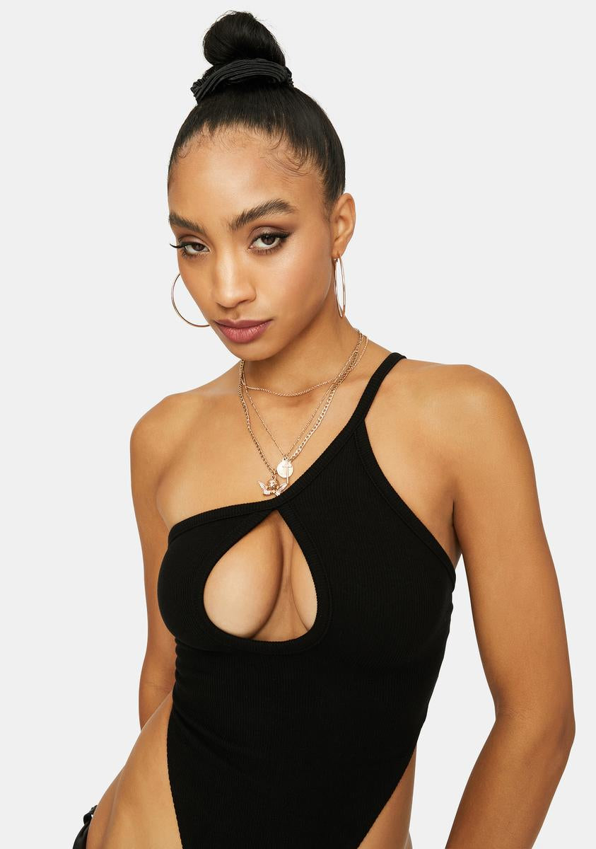 Noir Focused Love One Shoulder Keyhole Chest Bodysuit,Specials : American Fashion Style Bags On Sale