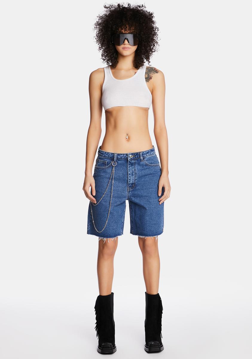 【chory_amam】 Momokrom Mid Rise Long Chain Denim Shorts - Blue/Mid Blue