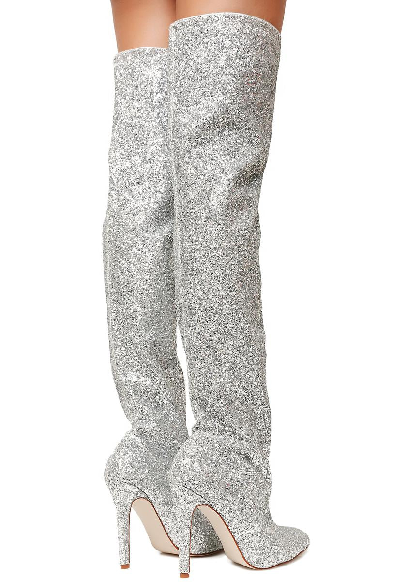 Silver sparkly thigh high boots shop