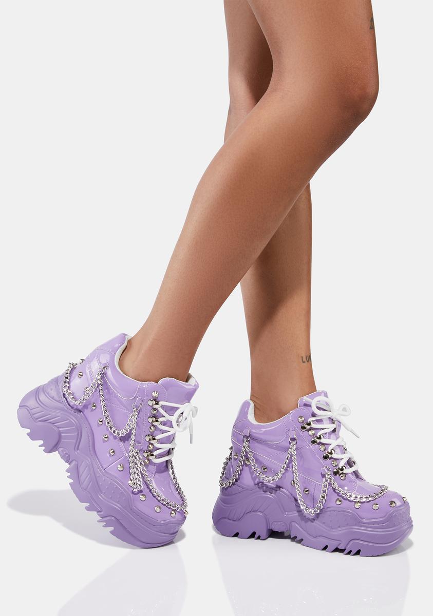 Chain Studded Patent Chunky Platform Sneakers - Lilac