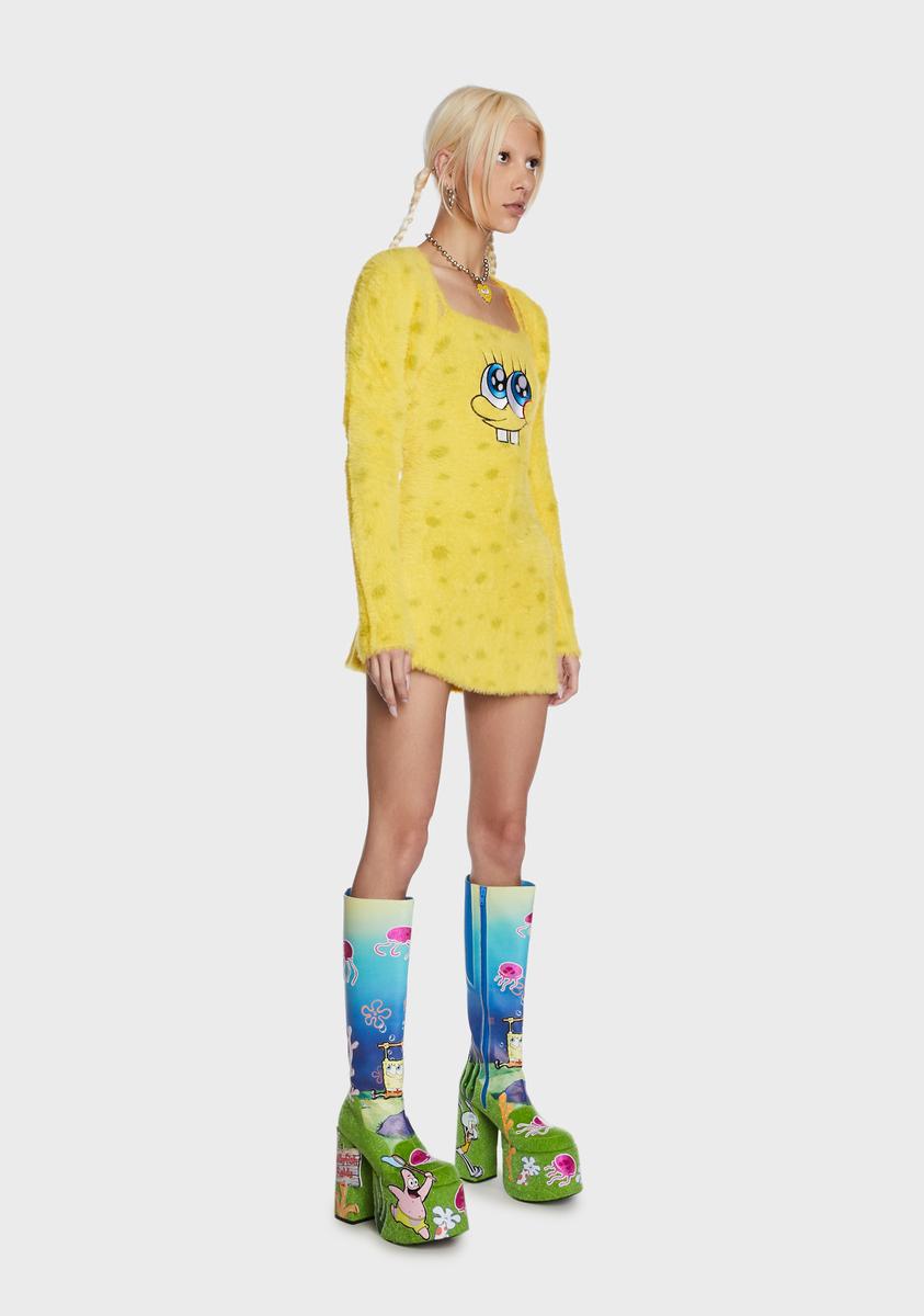 Dolls Kill x SpongeBob Fuzzy Knit Embroidered Mini Dress And Shrug Set