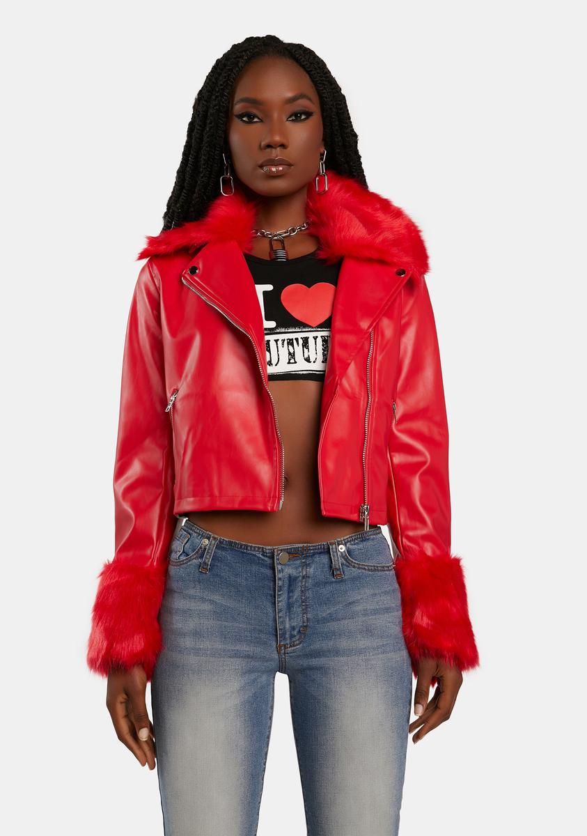 Vegan Leather Faux Fur Moto Jacket - Red – Dolls Kill
