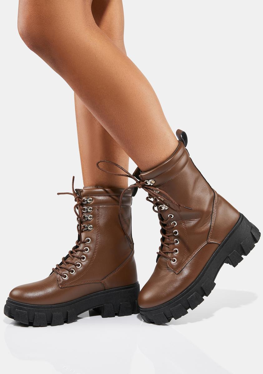 Vegan Leather Lace Up Chunky Sole Combat Boots - Brown – Dolls Kill