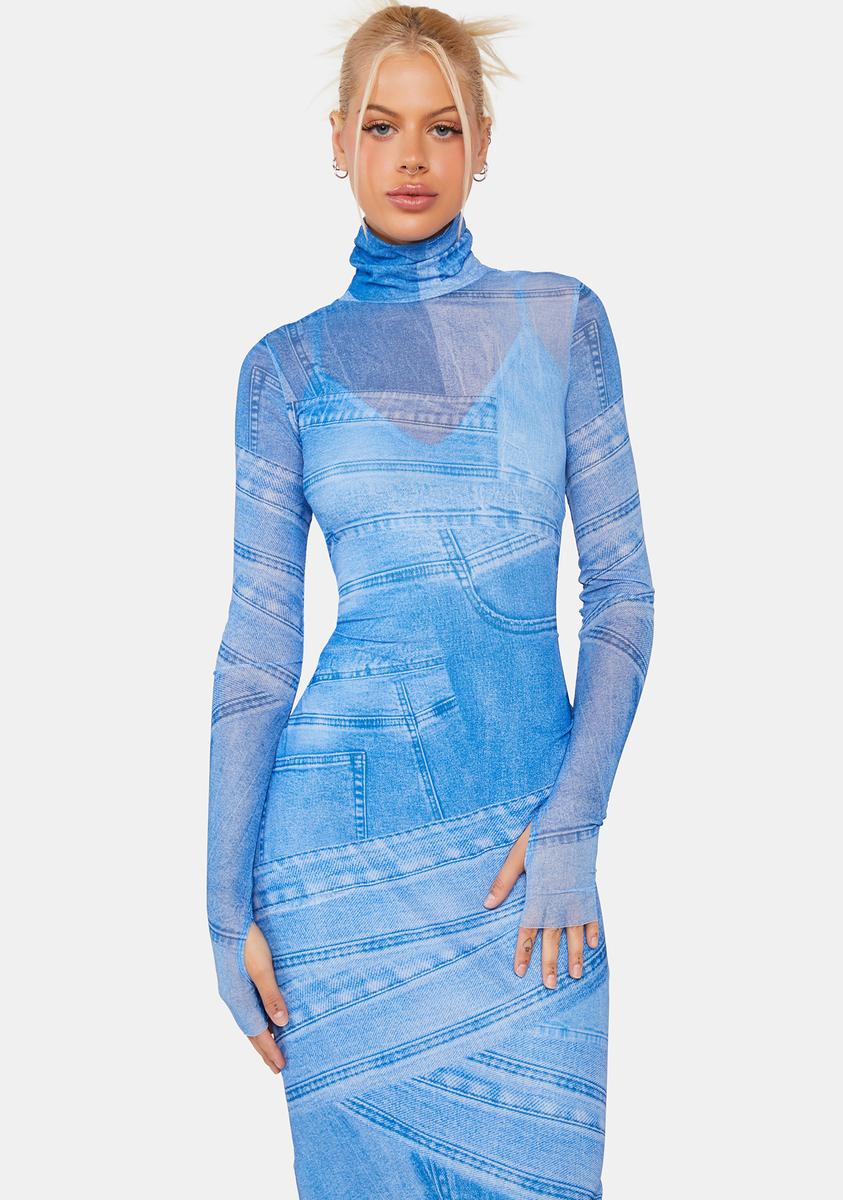 Afrm Denim Print Mesh Maxi Dress