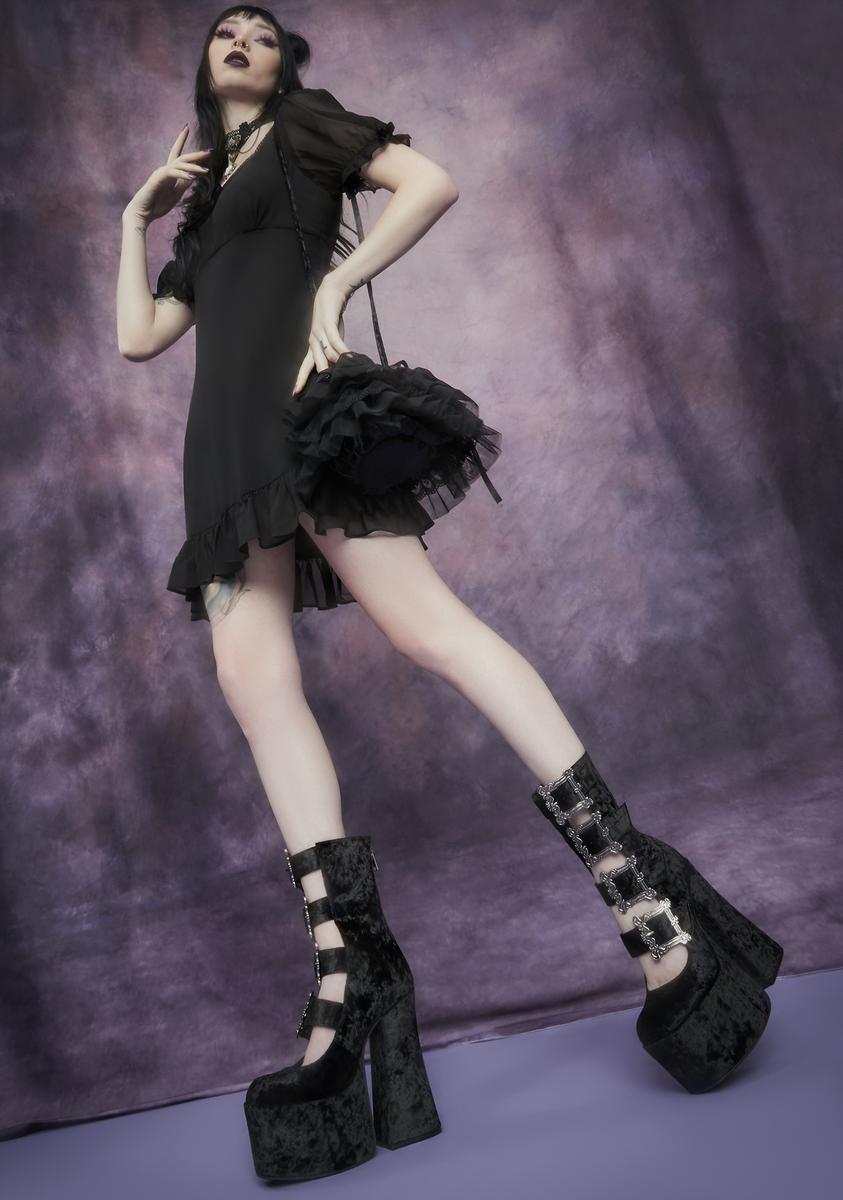 Widow Fairy Lace Strappy Velvet Buckle Platforms - Black – Dolls Kill