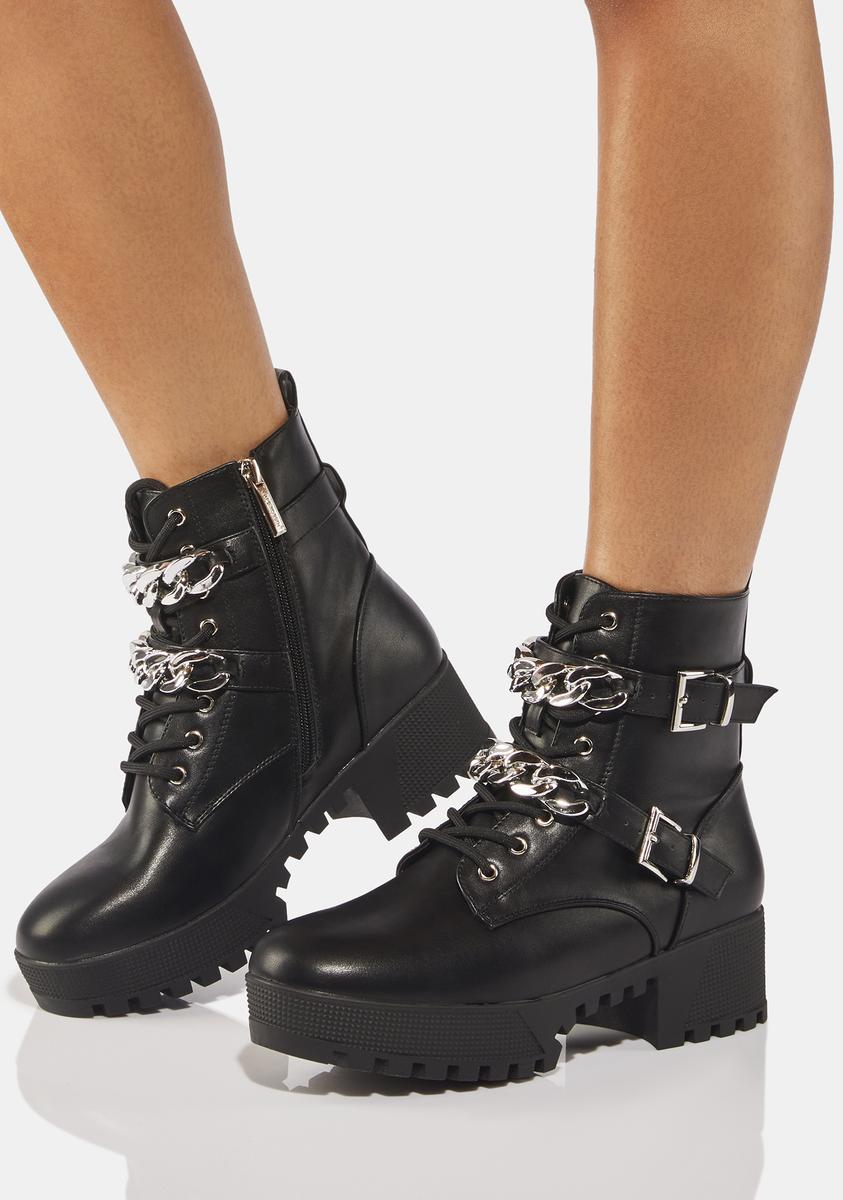 Vegan Leather Double Buckle Chain Platform Combat Boots – Dolls Kill
