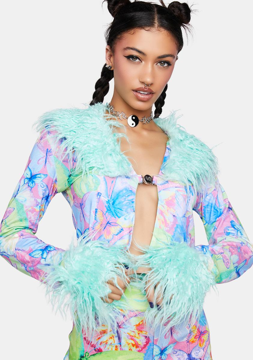 Elsie & Fred Faux Fur Butterfly Print Cardigan - Blue – Dolls Kill