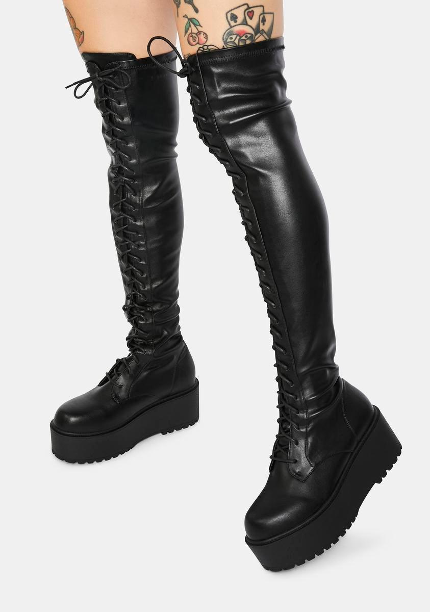 Vegan Leather Lace Up Platform Thigh High Boots - Black – Dolls Kill
