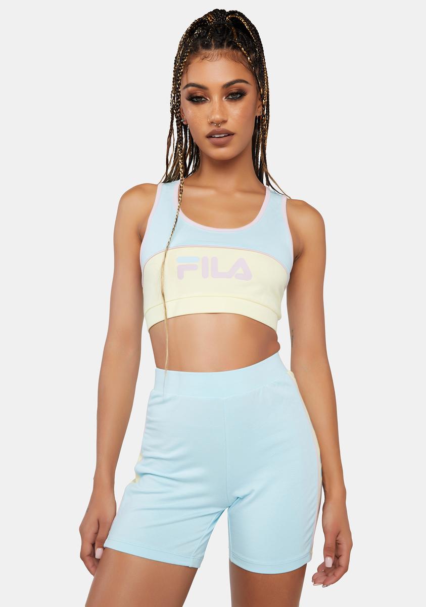 Fila HighWaisted Branded Logo Bike Shorts Blue/Yellow Dolls Kill